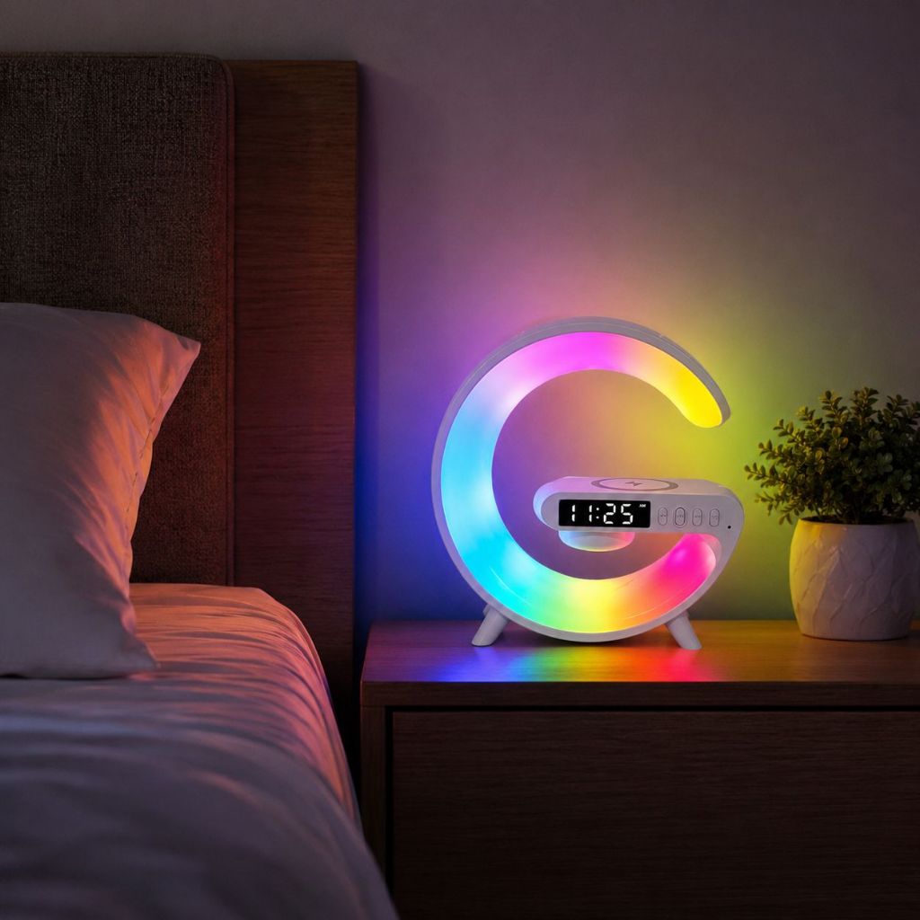 Luminária Smart G63 LED RGB Com Relógio Despertador Carregamento Sem Fio Bluetooth Luz Ambiente Mesa Quarto