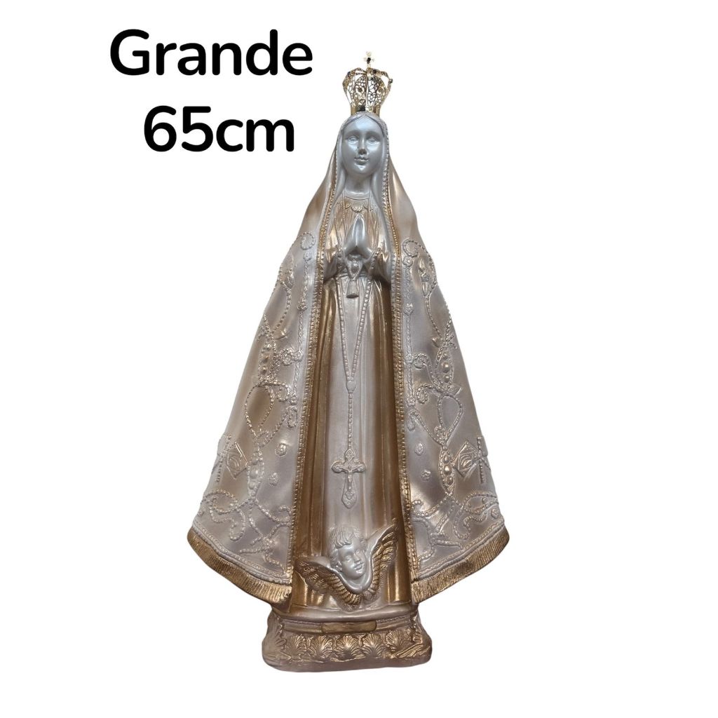 Imagem de Nossa Senhora Aparecida grande em 65cm branca perolada detalhada com strass dourado e finalizado com babado