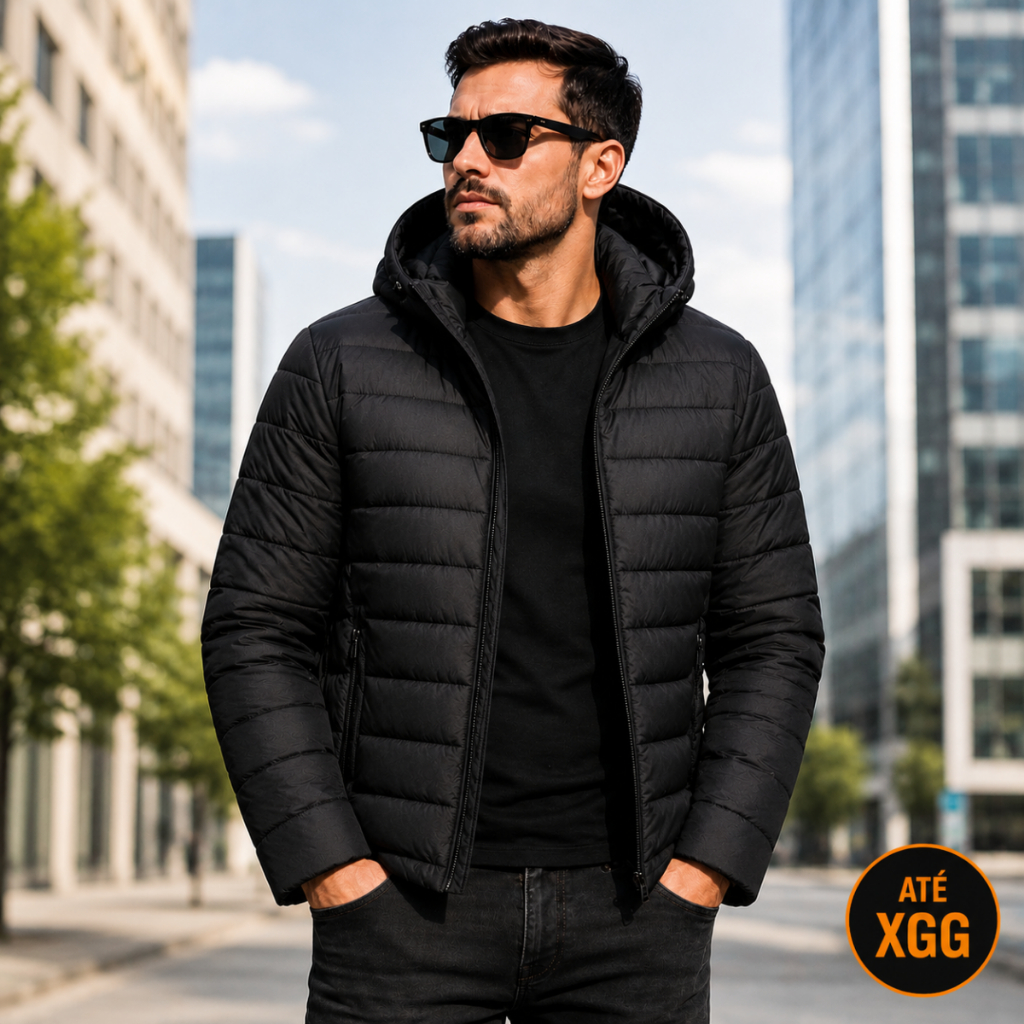 Casaco Jaqueta Puffer Gominho Masculina Impermeável Bobojaco Corta Vento Capuz Removível Frio Inverno Nylon Preta