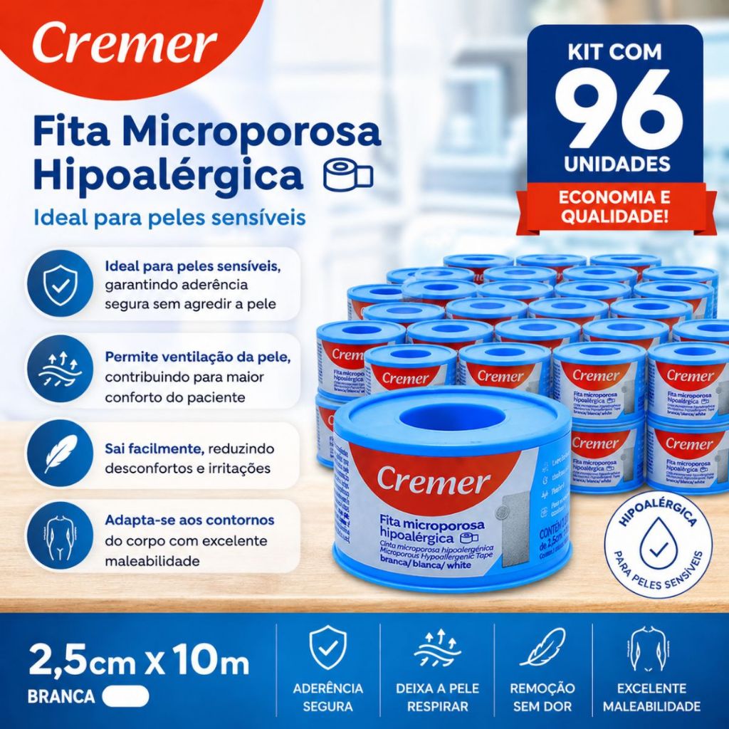 Fita Micropore 2,5cm x 10m - Cremer rolo fita microporosa super aderente pele sensivel original atacado