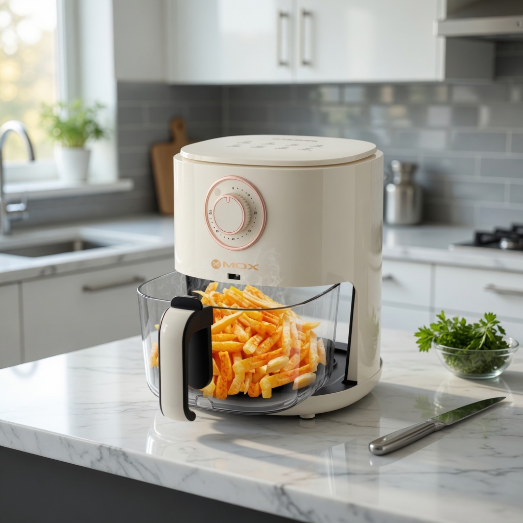 Air Fryer 5L 1600W Bege Cesta Vidro Silicone Punho Frio Pés Antiderrapantes Deslig. Auto Sem Óleo