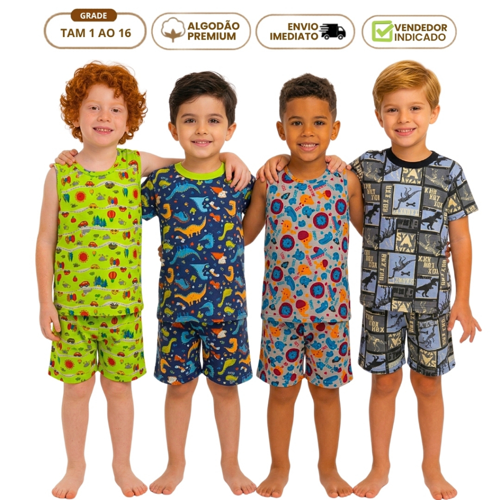 Kit 3 Pijama Verão Masculino Infantil Algodão Fresco Confortável Promoção Dino Gamer e Heróis Menino 1 ao 16 anos