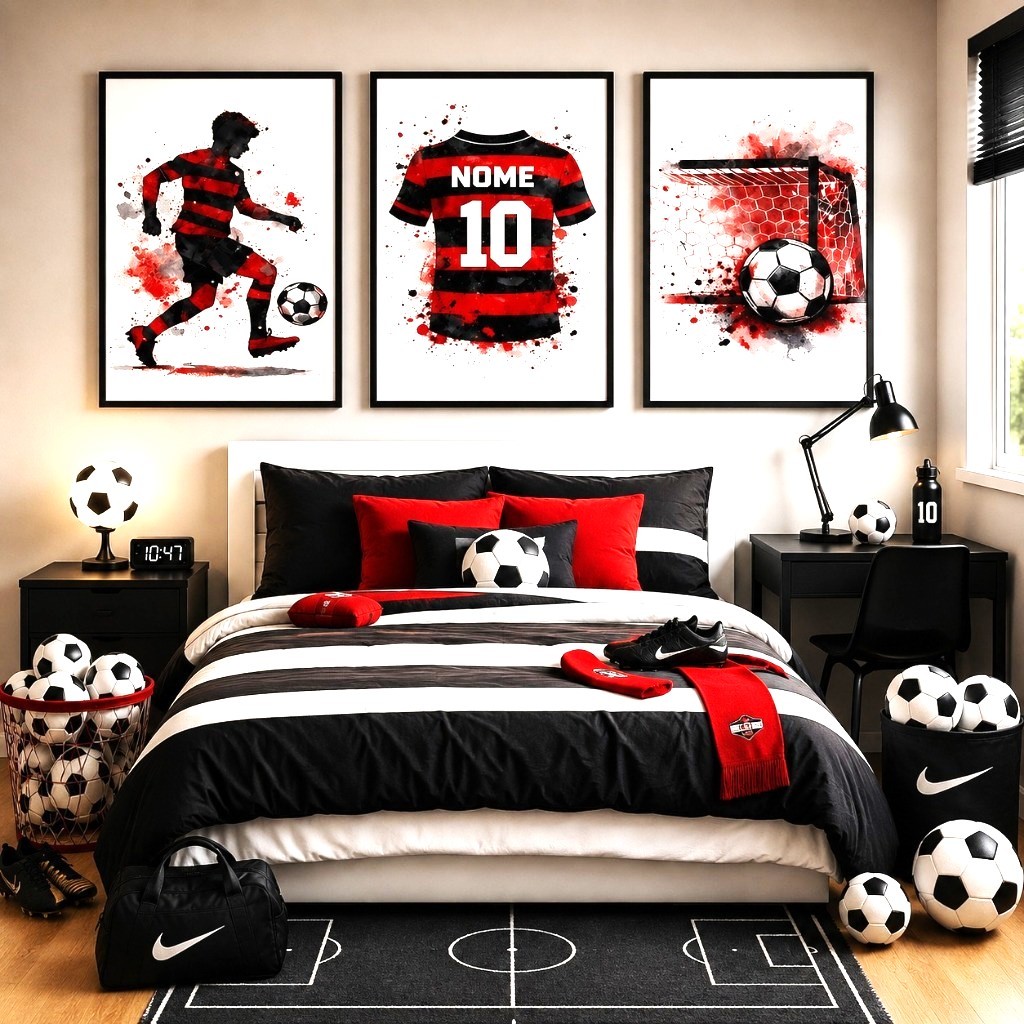 Quadros Decorativos 3 Peças Futebol Infantil Rubro-Negro Nome Personalizado Quarto
