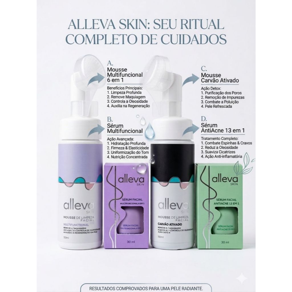 Kit Skincare Alleva Skin - Mousse de Limpeza + Sérum Facial + Anti-Acne - Rotina Completa