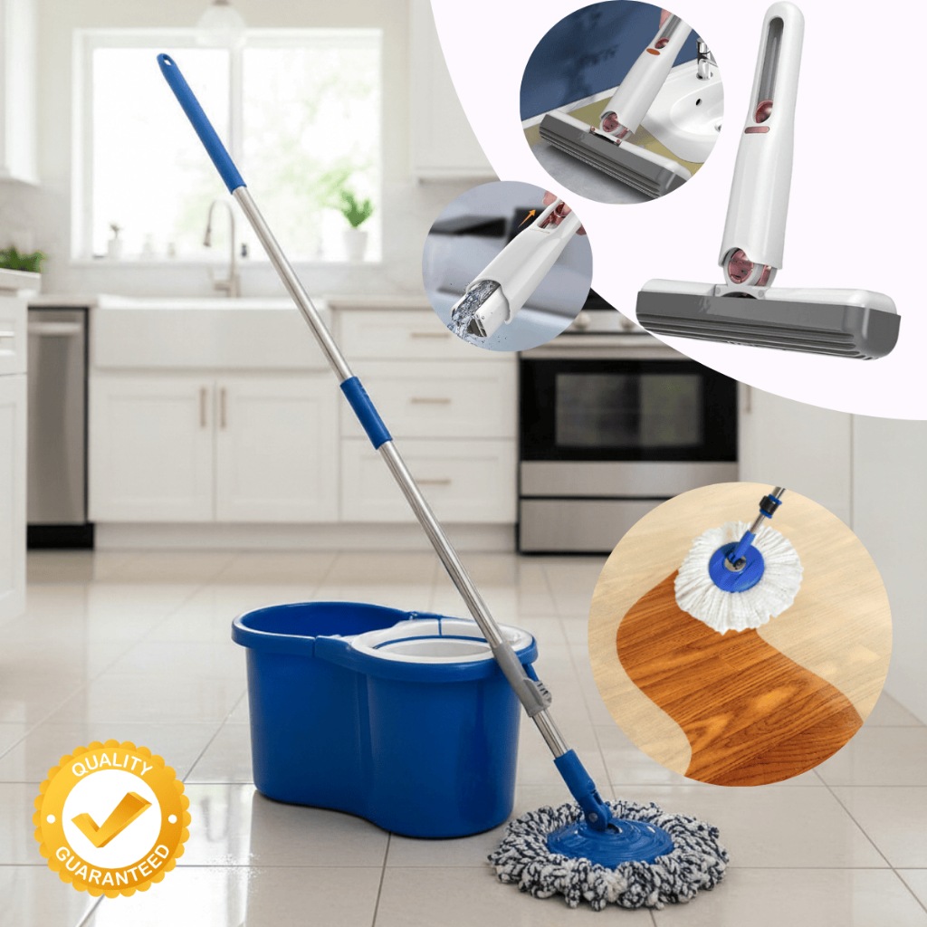 Mop Limpeza Rápida Giratório Cabo Inox 360º com Balde 8L + Mini Mop Portátil Faxina Completa