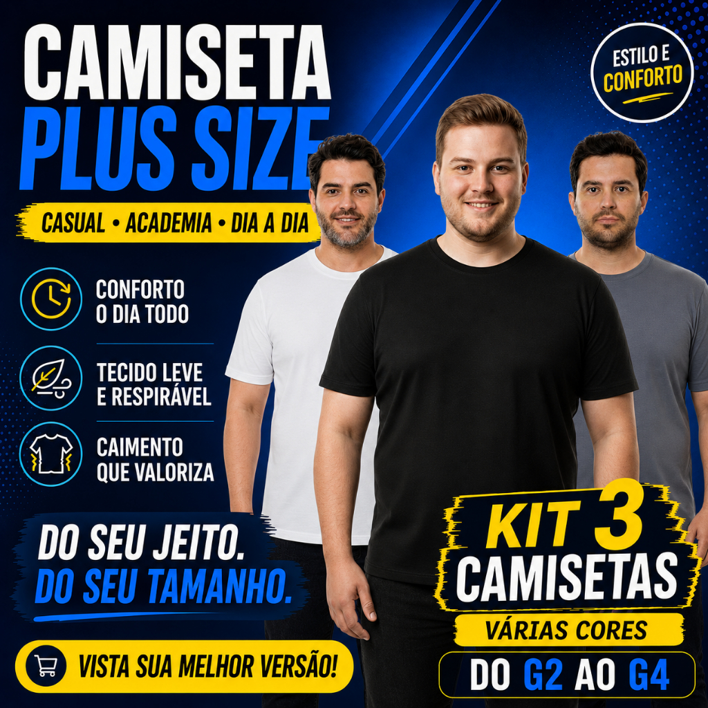 Kit 3 Camisas Plus Size Masculina Lisa Confortável Proteção Solar UV Academia Casual Leve