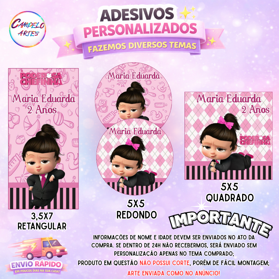 40~120 ADESIVOS PERSONALIZADOS COM NOME E IDADE PARA LEMBRANCINHAS - TEMA: PODEROSA CHEFINHA