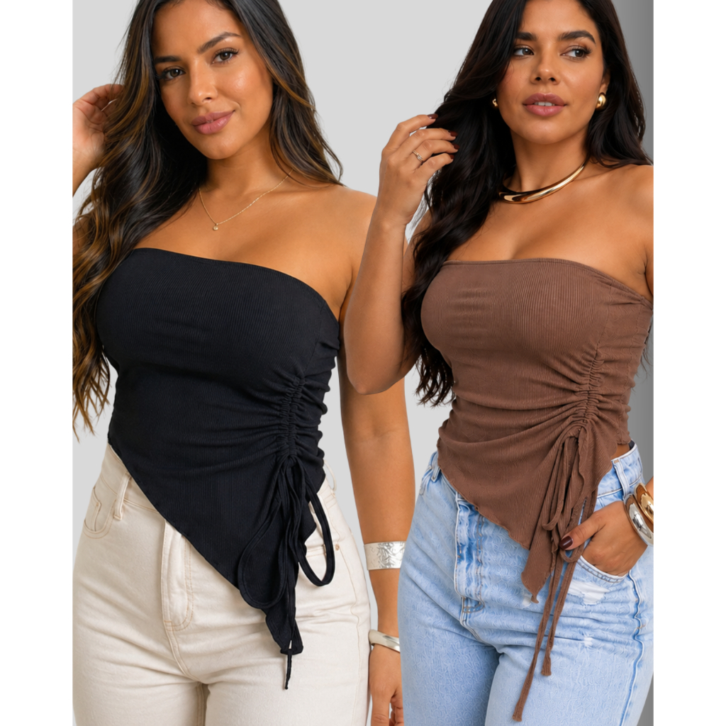 Blusa Cropped Tomara que Caia assimétrico moderno Tendência Top Fenda Ponta com Regulagem Blogueira