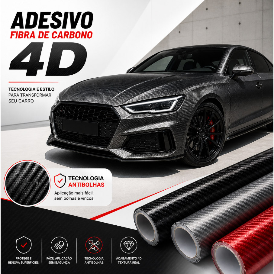Vinil Adesivo de Fibra de Carbono 4D Para Envelopamento Automotivo Capô, Teto, Retrovisor e Moto