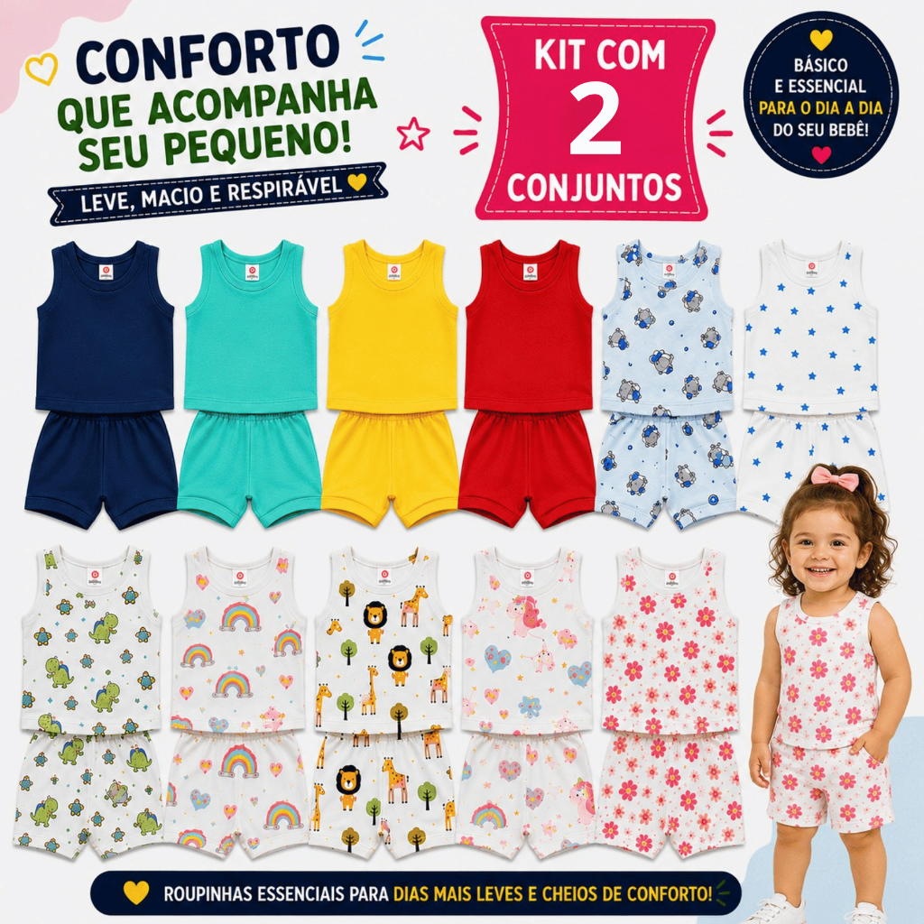 Kit 2 Conjuntos bebe 2 Regatas Camisetas 2 Short Tapa Fralda Liso Estampado Pijama Enxoval Bebê Menino Menina Verão