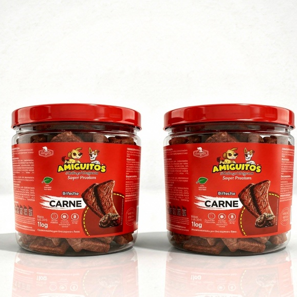 2 Potes de 1kg Bifinhos Caninos Amiguitos Sabores Carne