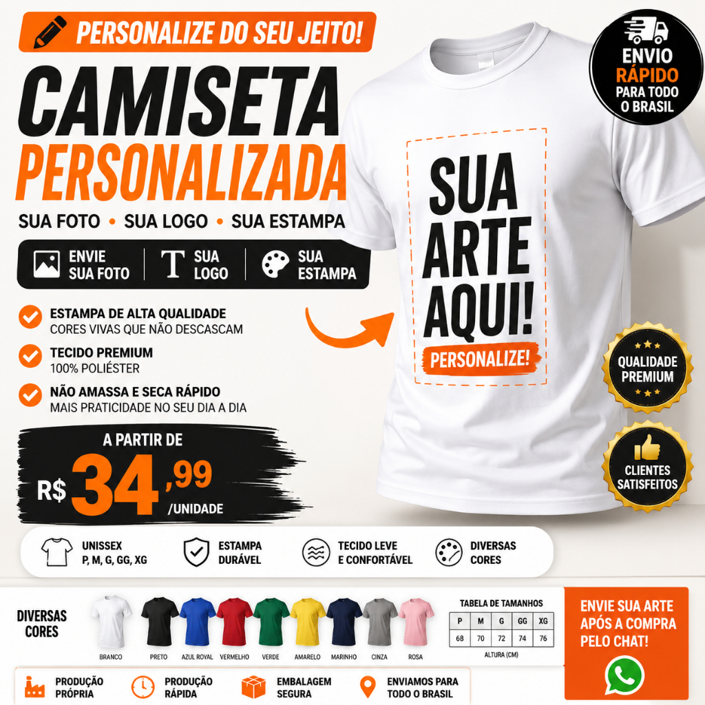 amiseta Personalizada com Foto Logo ou Estampa | Camisa Unissex Poliéster