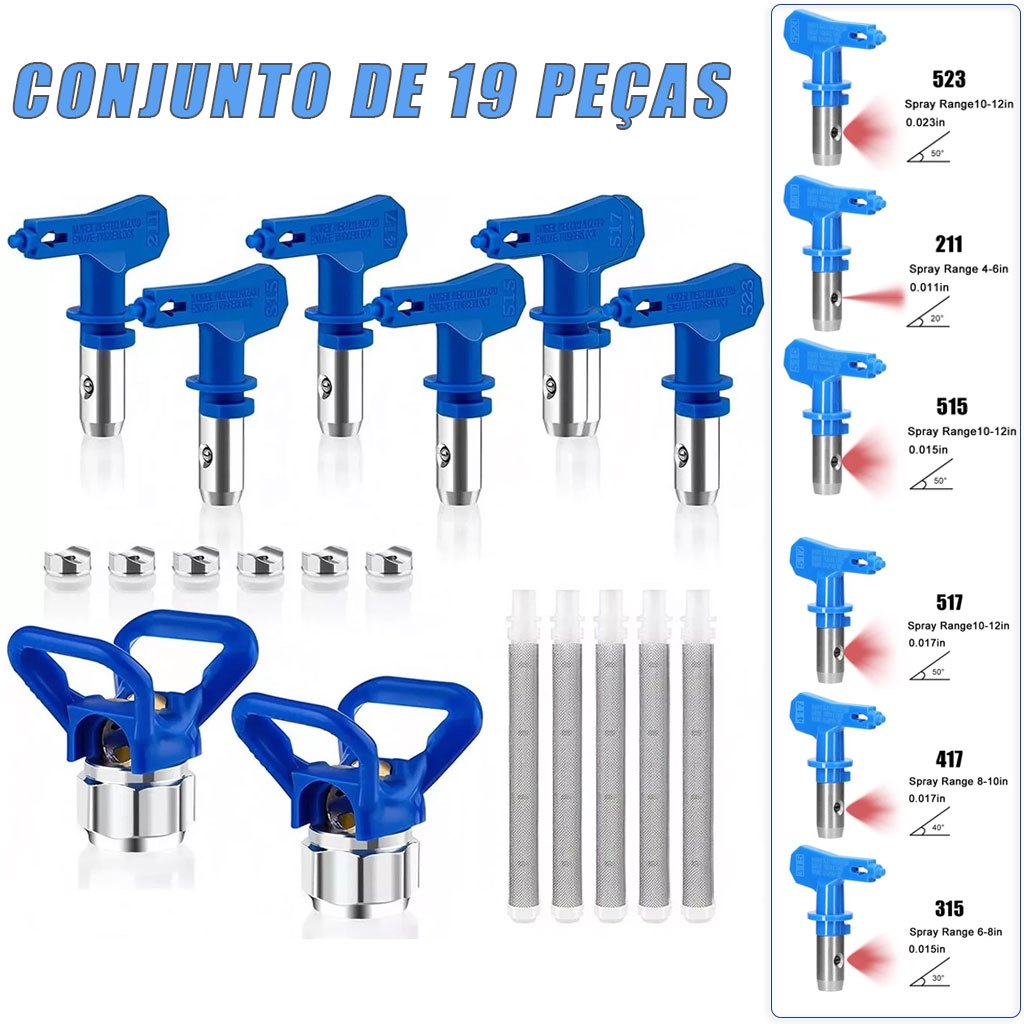 Kit 19 Peças Bicos Airless Reversíveis para Pulverizador de Tinta com Filtros e Protetores
