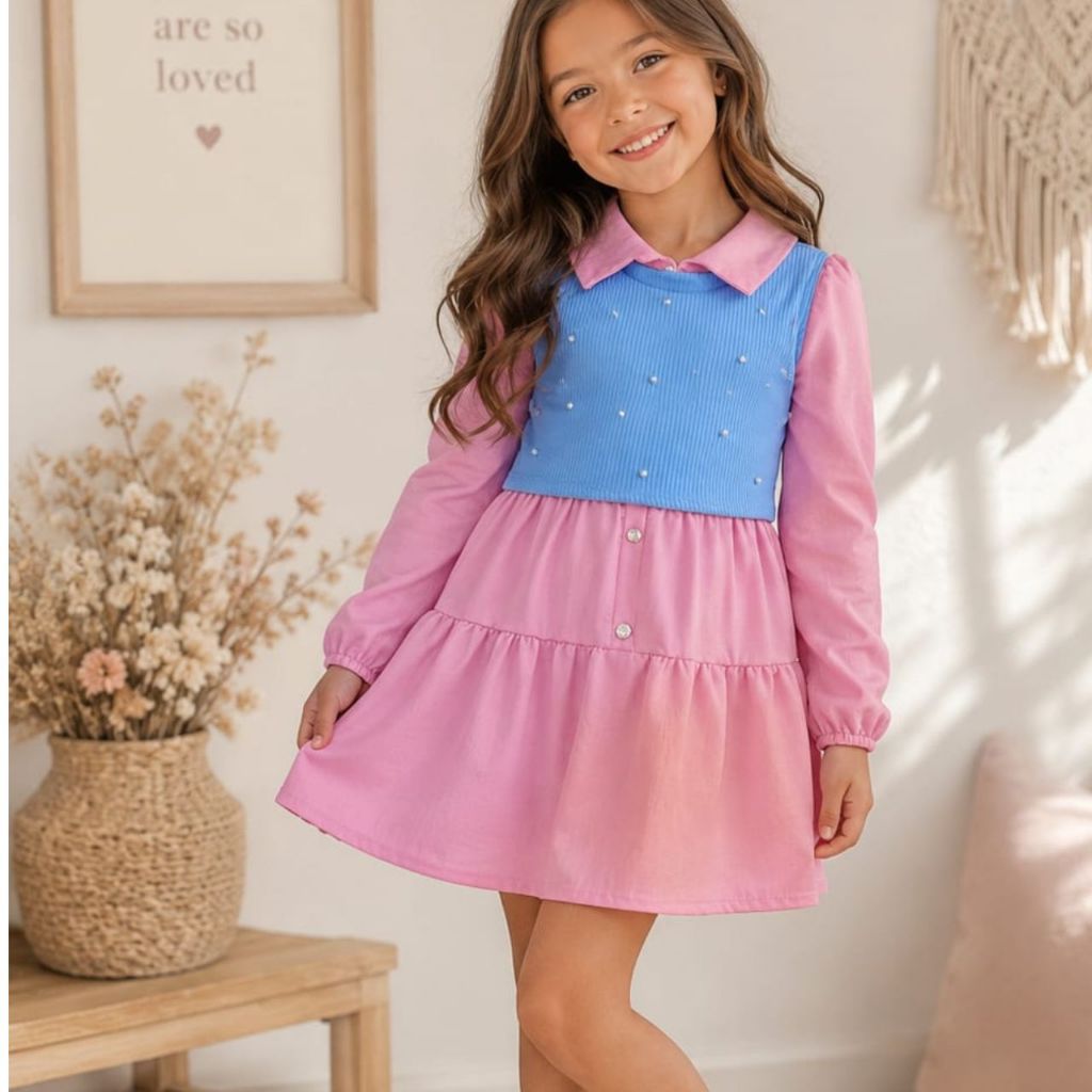 vestido com blusa pérola 2 peças estilo camisa manga longa veste 2,3,4,5,6,7,8anos elegante