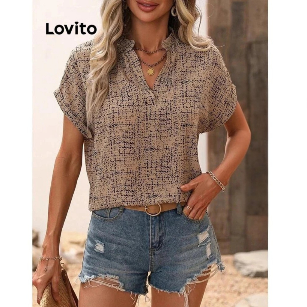 Lovito Blusa Manga Curta Decote V com Vista sem Botões Estampa Grid Feminina BRBLNS48BX010BK