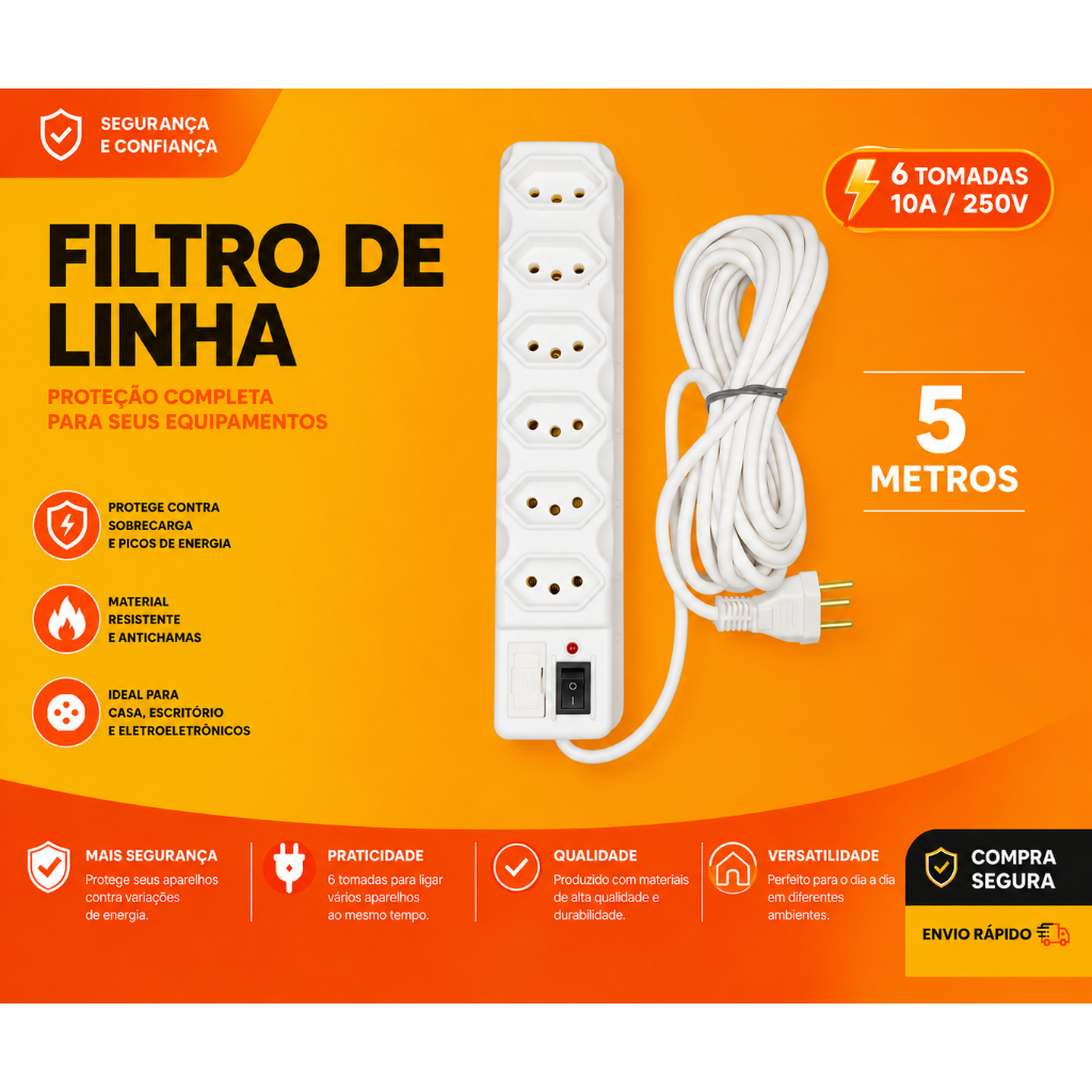 Filtro de Linha Branco 3, 4, 5 e 6 Tomadas Régua Elétrica 3 e 5 METROS