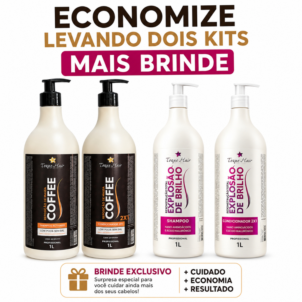 Kit Shampoo e Condicionador 1L + BRINDE Coffee e Explosão de Brilho Profissional Tratamento Capilar