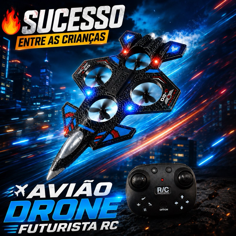 Avião Drone RC Controle Remoto 2.4GHz 4 Motores com Luz LED Recarregável Super Resistente