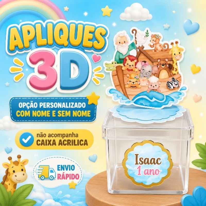 Apliques em pé 3D + nome e idade Arca de Noé Animais Lembrancinhas Festa infantil Aniversário Personalizados