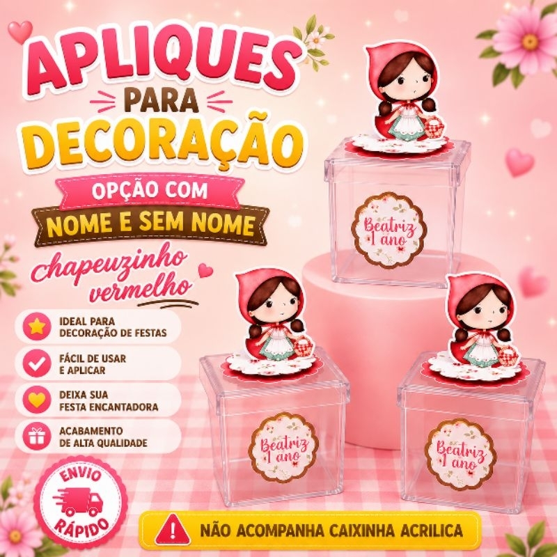 Apliques em pé 3D e nome da criança Chapeuzinho Vermelho Lembrancinhas Festa infantil Aniversario Personalizados