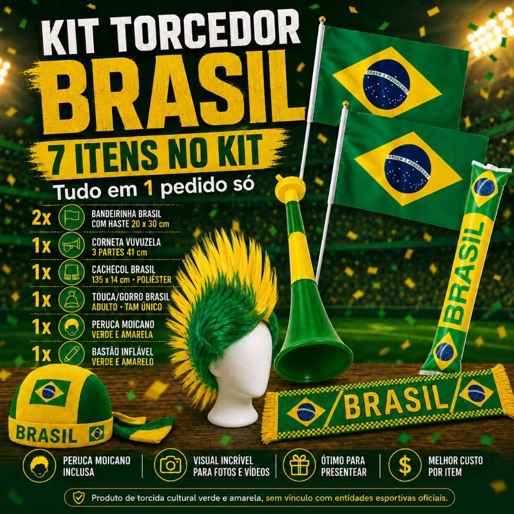 Kit Torcedor Brasil com 4 Versões (4/5/7/12 Itens), Bandeirinhas, Corneta, Cachecol e Peruca, Acessórios de Torcida