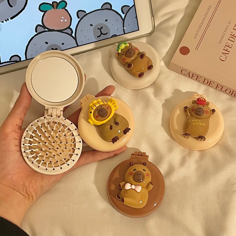 Mini Escova De Cabelo Com Espelho Dobrável Capivara Fofa Portátil Para Bolsa Escova De Massagem Almofadada Viagem