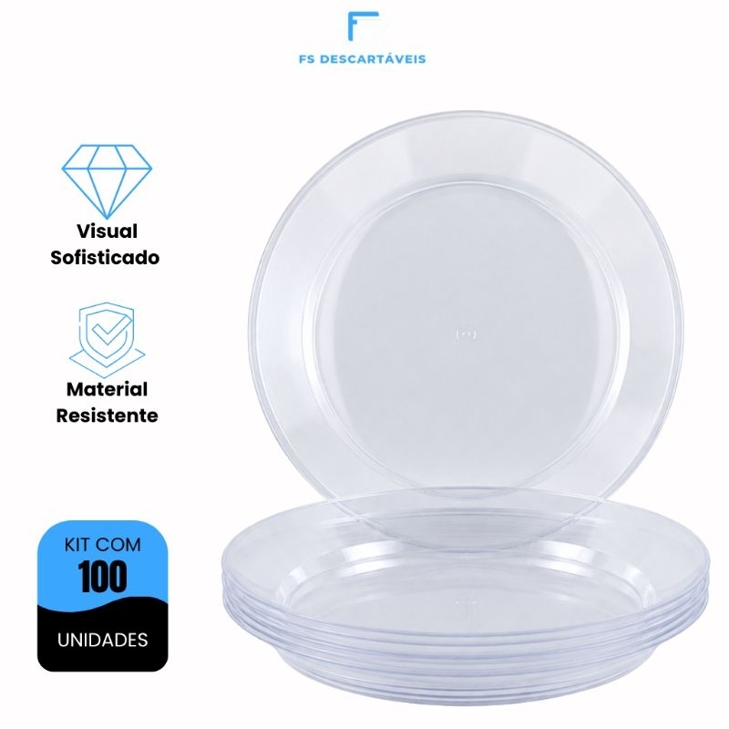 Kit 100 Pratos Sobremesa Descartáveis de Acrílico