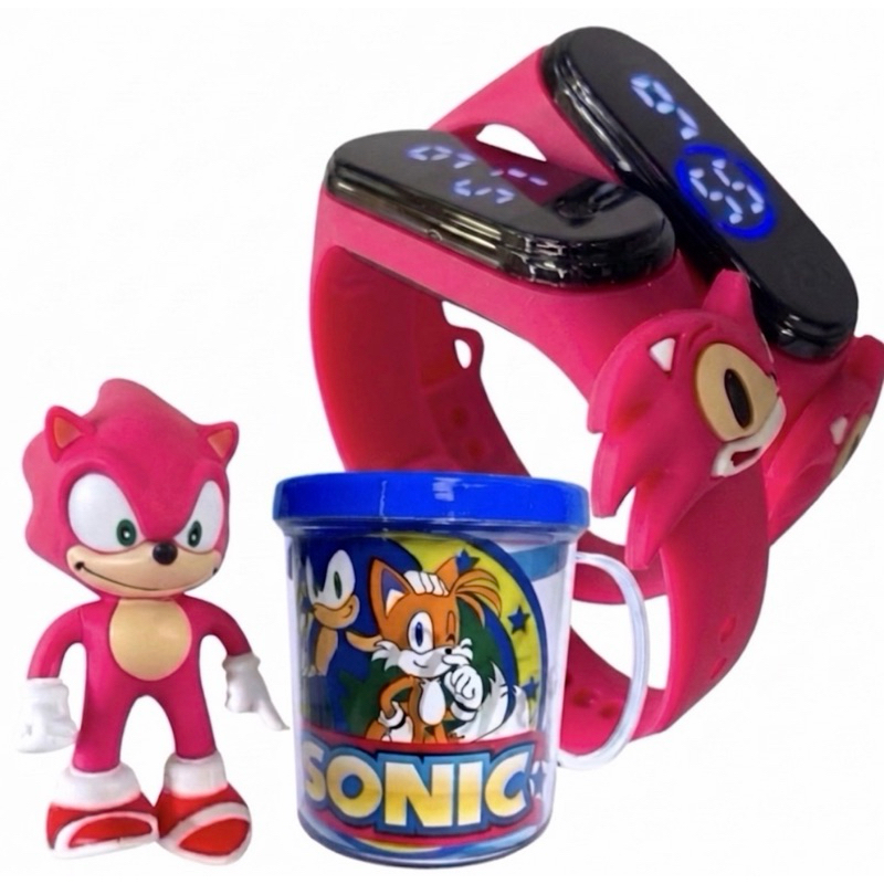 Kit 30 peça Sonic rosa the Hedgehog Completo: Relógio Digital + Copo + Boneco | Presente Perfeito para Crianças