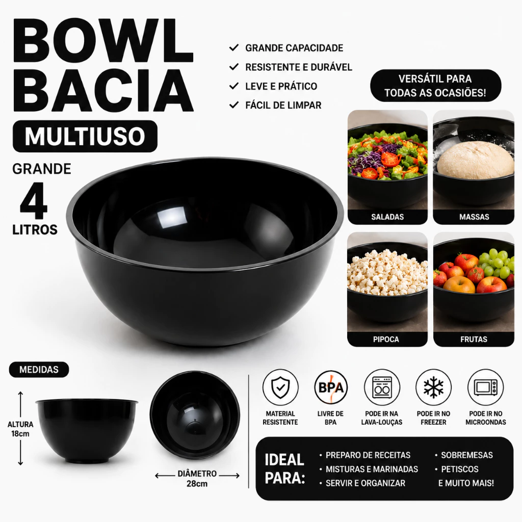 Bowl Bacia Multiuso Grande 4 Litros para Salada Chantilly Frutas Sobremesa Bolos Pipoca Massa Tigela — imagem 1