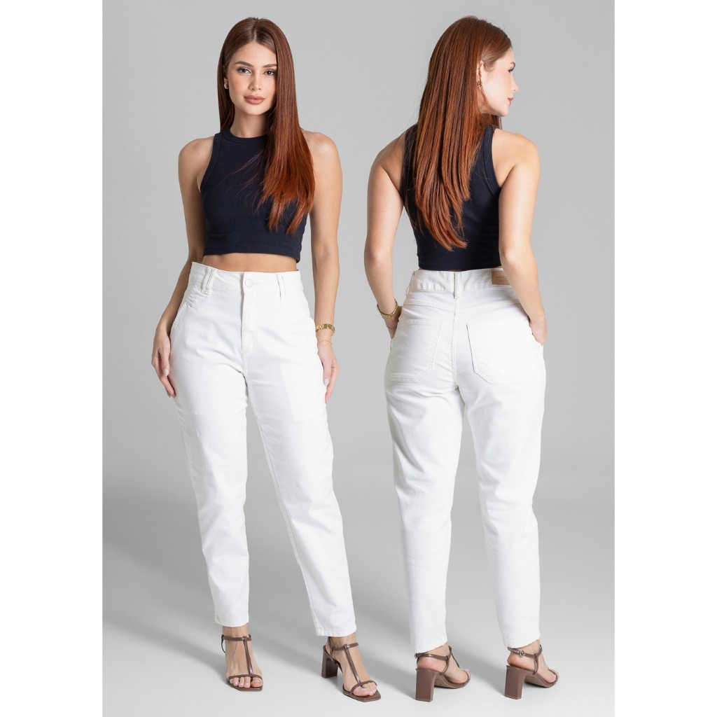 Calça Sarja Sawary Mom Preto e Off White