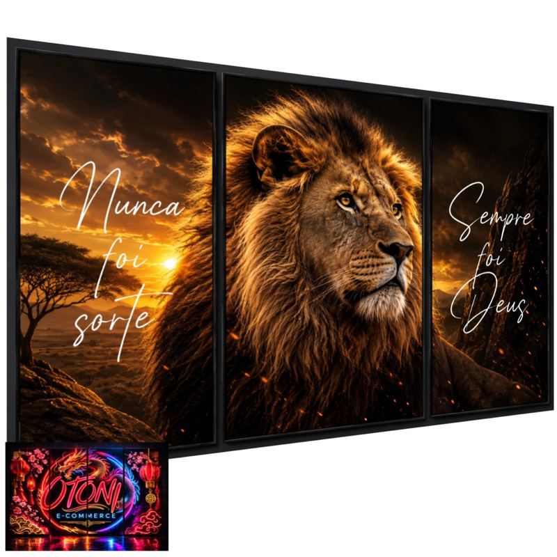 Quadro Decorativo Grande Leão De Judá Religioso Nunca Foi Sorte Sempre Foi Deus 3 Peças 122x60