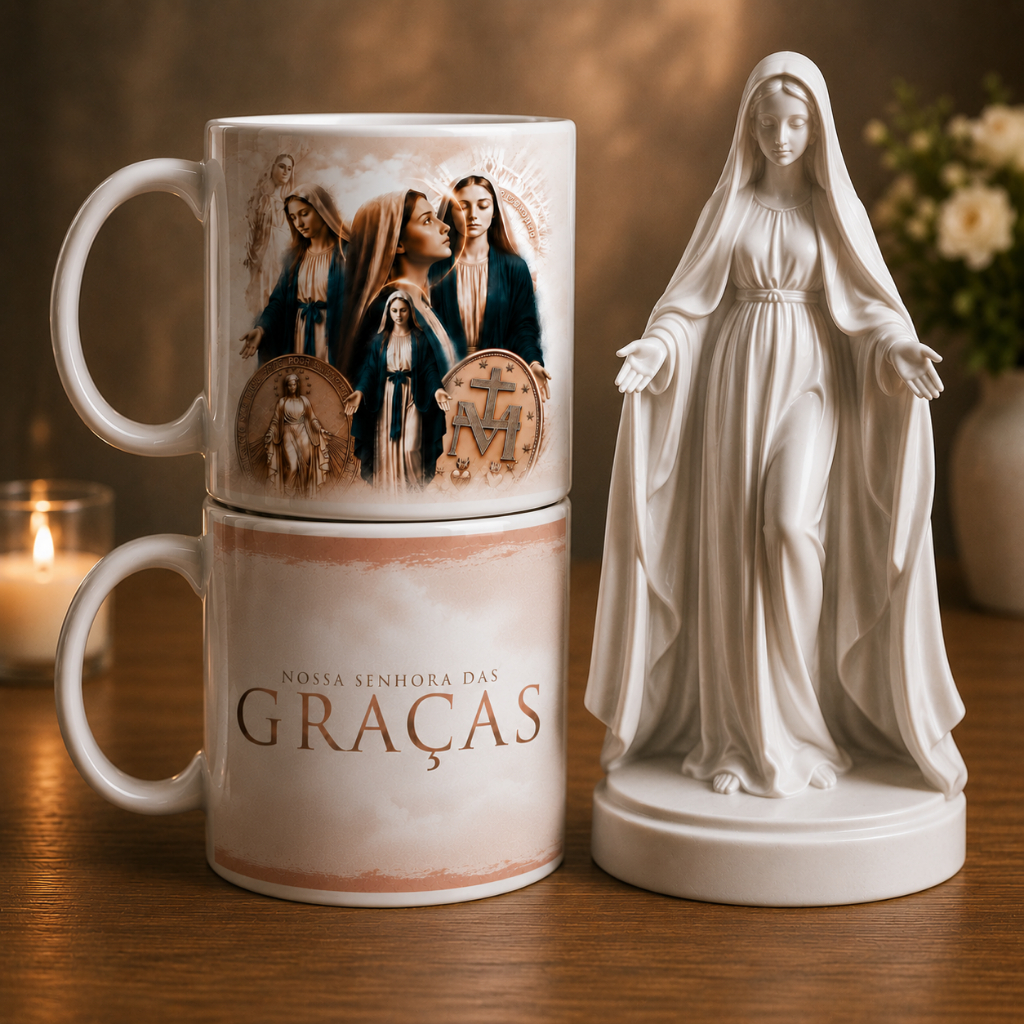 Nossa Senhora Das Graças Caneca Decorativa + Escultura Religiosa Presente Católico Sofisticado Para Fé Oração e Decoraçã