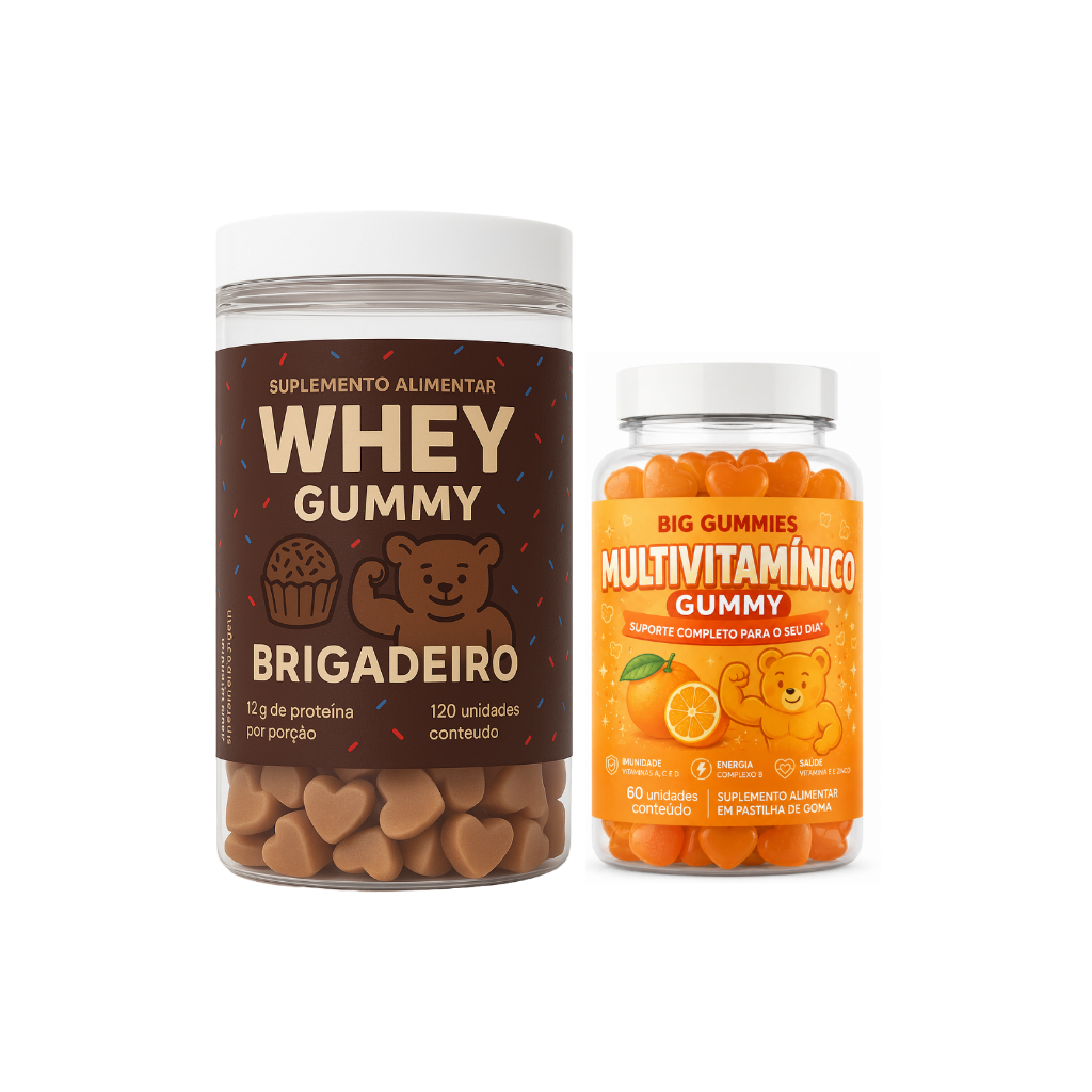 Kit Gummies: Whey Brigadeiro Zero Açúcar 120un + Multivitamínico Laranja 60un