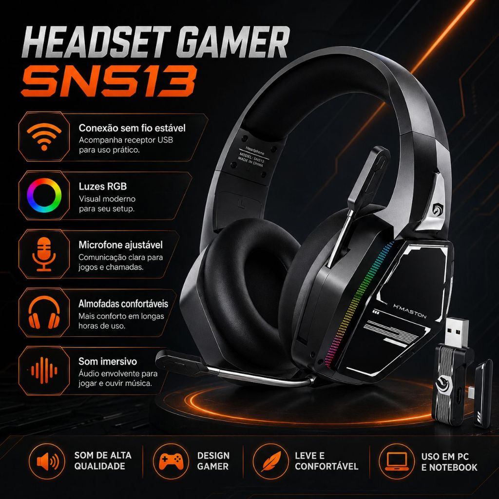 Fone Gamer Sem Fio Wireless H'maston Sns13 Adaptador Usb/tipo-c Com Led Rgb E Microfone HI-FI
