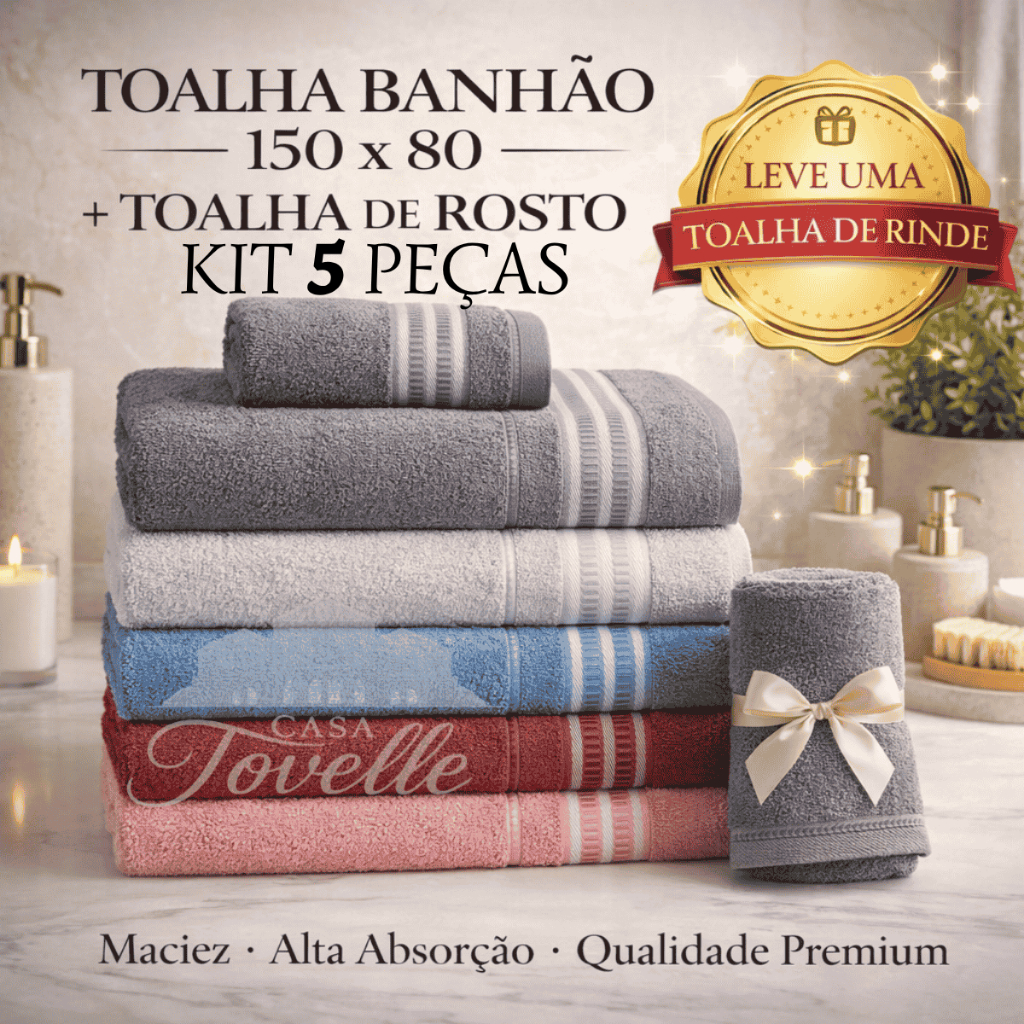 Jogo 5 Peças Toalha de Banho Banhão Grande Gigante 1,50x80cm 100% Algodão Grossa Felpuda Super Macia Excelente Absorção