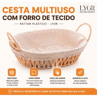 Cesta Pãos, Multi Uso de Rattan Plástico com Forro em Tecido - Lyor
