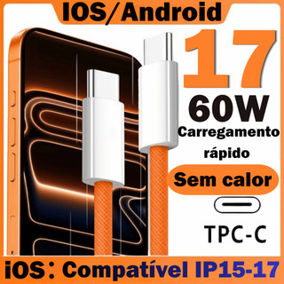 Cabo Type-C USB-C 60W Carga Rápida 1m Trançado Dados 480Mbps  Compatível iOS Android Com Agulha