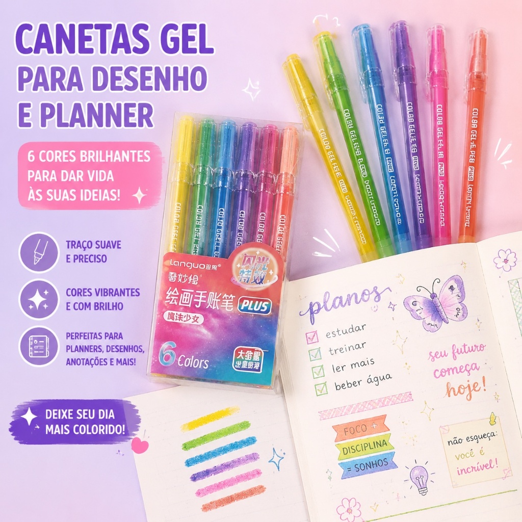 6/12 Cores Canetas Gel Glitter Metálicas - Ponta 1.0mm Tinta Super Brilhante e Opaca P600