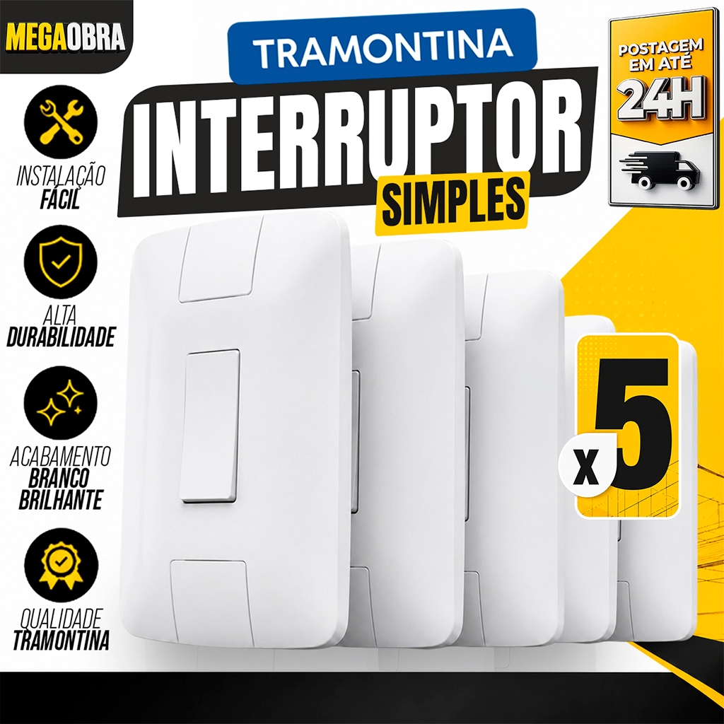 Kit 05 Interruptor Tramontina Aria 01 Tecla 4x2 Modular Interruptor Simples