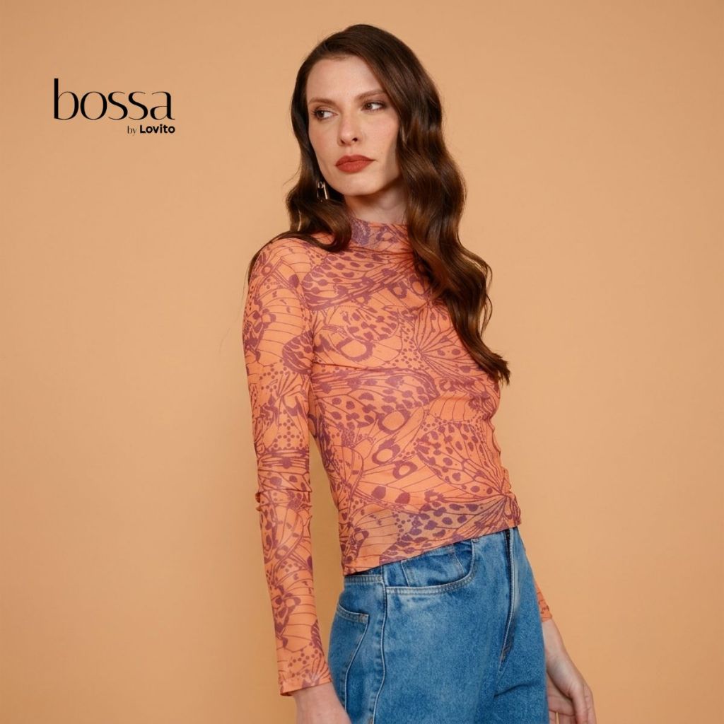 Lovito Bossa Blusa Gola Alta de Tule Feminina Moda Estampada BLB18901920