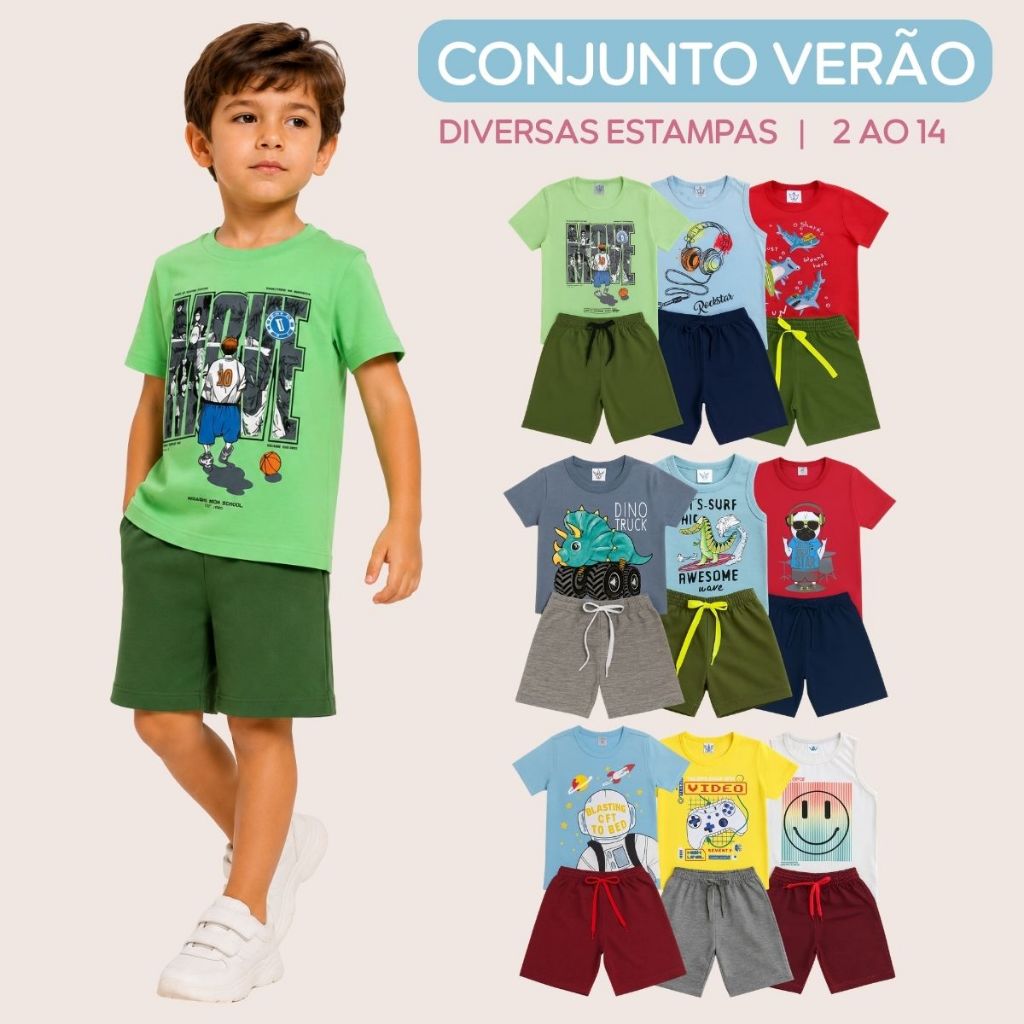 kit 10 roupa infantil menino conjunto com 5 camiseta 5 bermuda peças sortidas