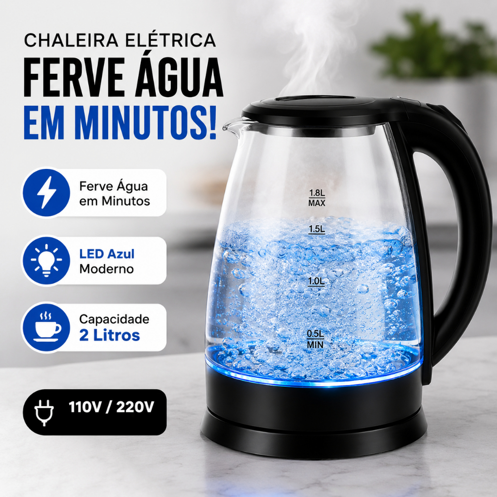 Chaleira Elétrica Vidro 2L Com LED Azul Desligamento Automático Ferve Água Rápido 110v 220V