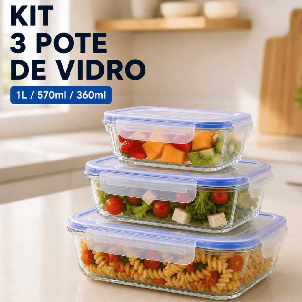 Kit 3 Pote de Vidro 360/570/1000ml Hermético Marmita Fitness com Tampa Travas