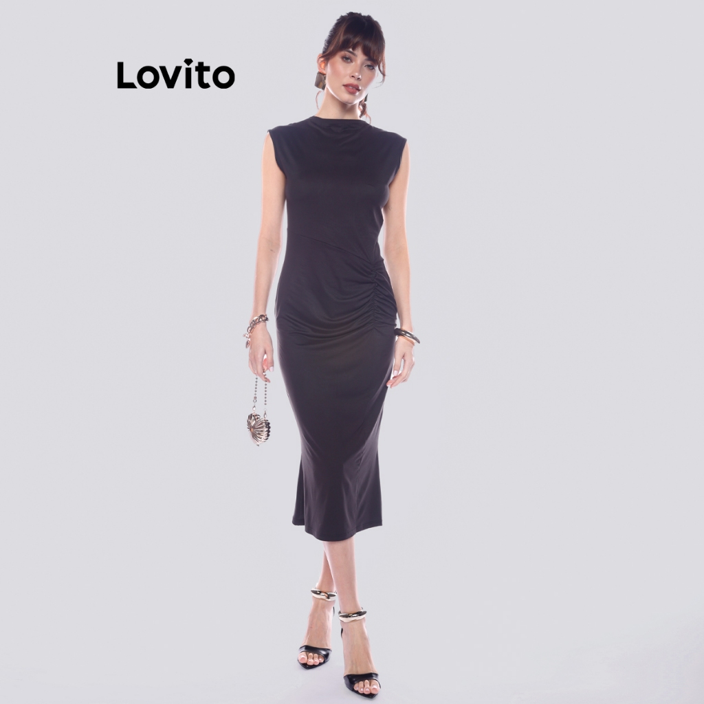 Lovito Vestido Feminino Midi com Franzido Lateral DRB1409BRL1439
