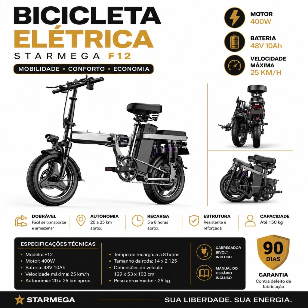 Bicicleta Elétrica adulto motor 400w bateria 48v 10ah Scooter Dobrável Potente