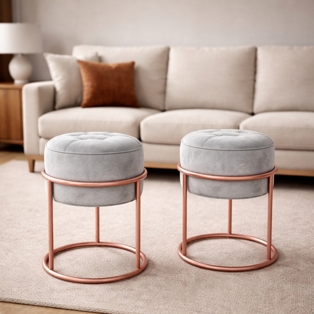 Kit 2x Puff Ferro Argola Redondo Tubo Aço Pintura Eletrostática Rose Gold