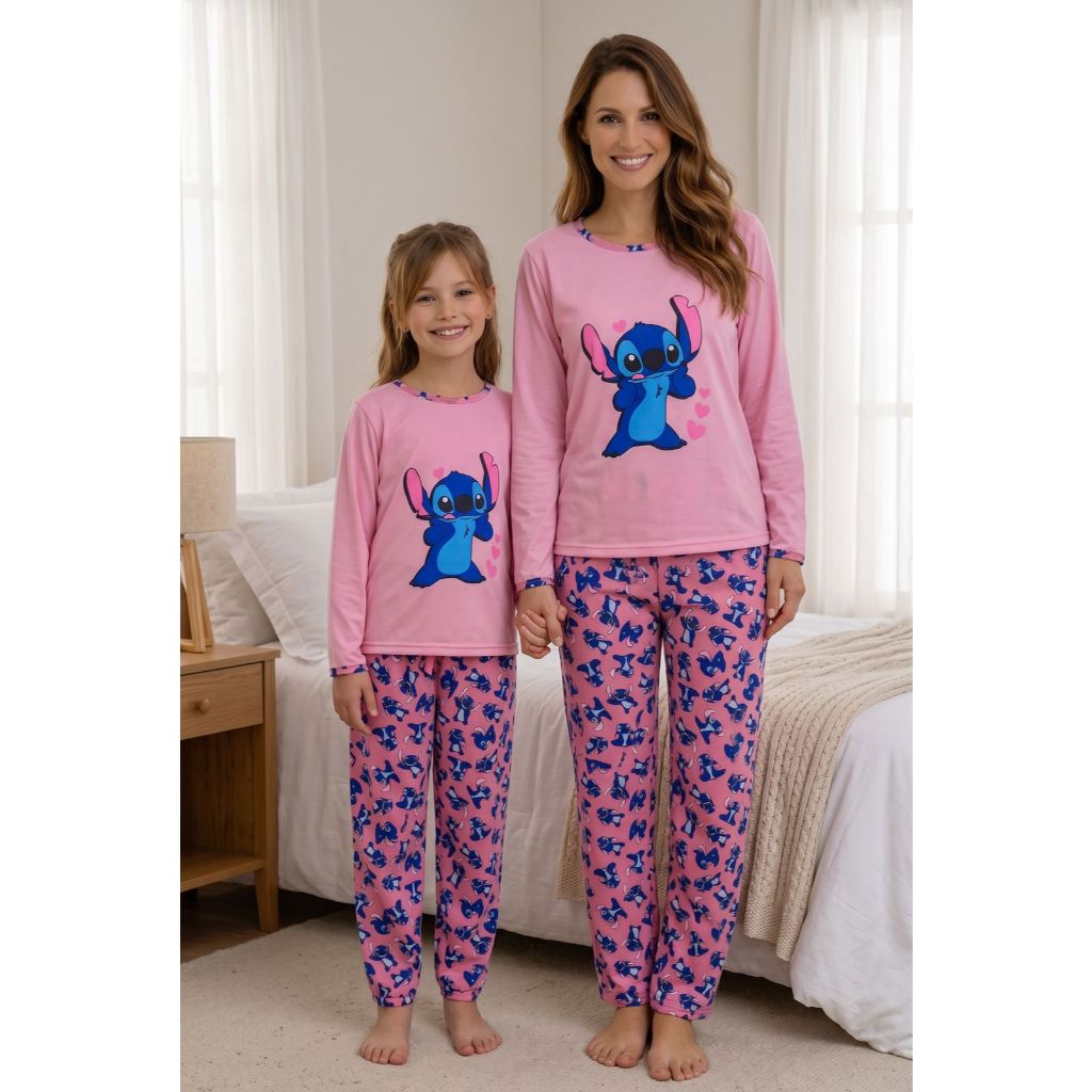 Kit pijama mãe e filha stitch inverno calça estampada malha blusa manga comprida personagens inverno frio longo
