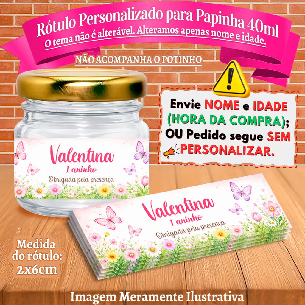 Rótulos adesivos Jardim das Borboletas Nutella Brigadeiro Personalizados para papinha 40ml 40g