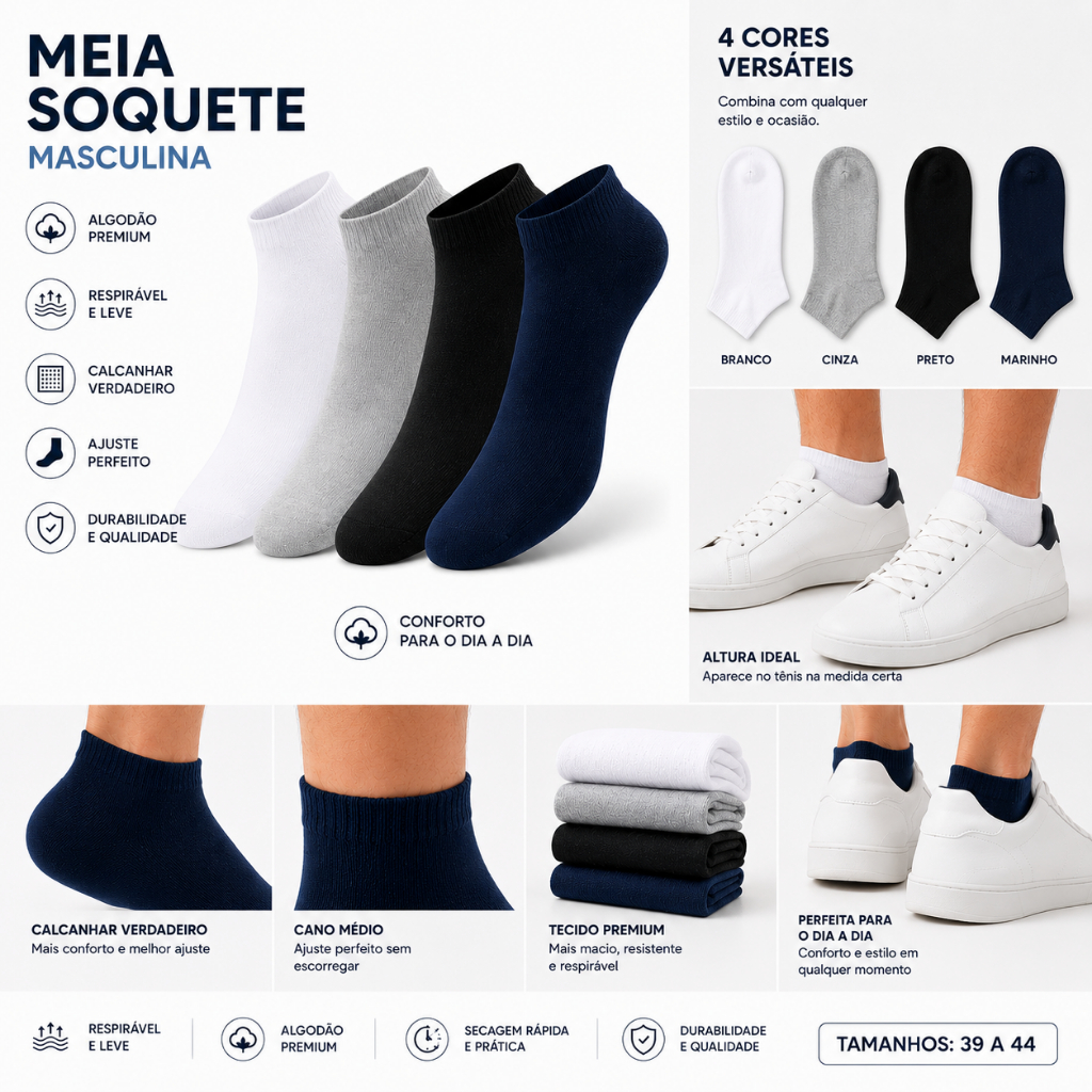 Kit Meia Masculina Soquete Cano Curto Respirável Tamanho 40 AO 46