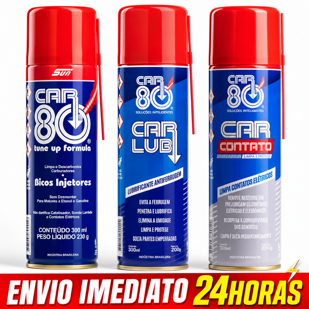 Kit CAR80: Limpa Contato Elétrico e Eletrônico, Descarbonizante e Desengripante (Antiferrugem)